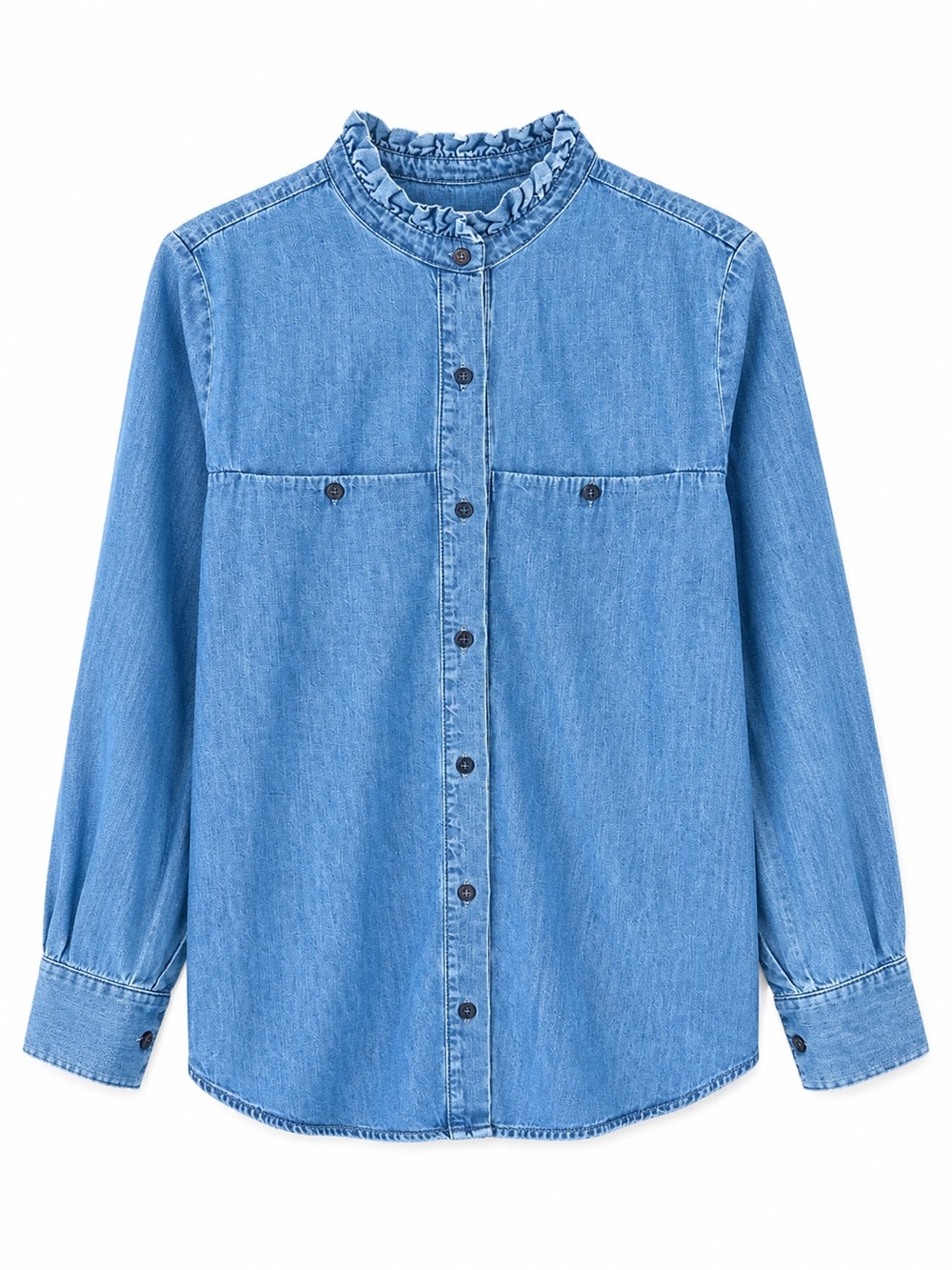 & Other Stories 100% Cotton Ruffle Mock Neck Denim Shirt Blouse Size 6